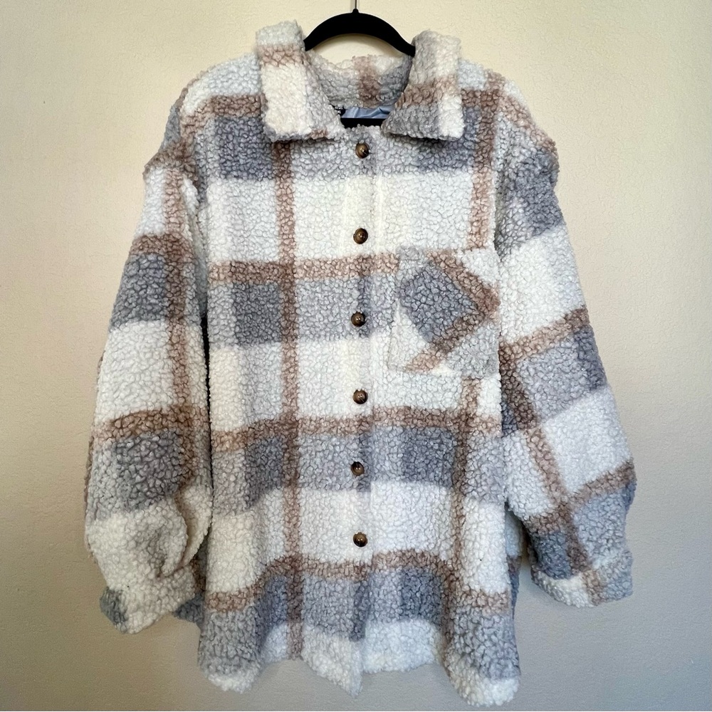 Plaid Sherpa Shacket Jacket 3XL Oversized Cozy Fleece